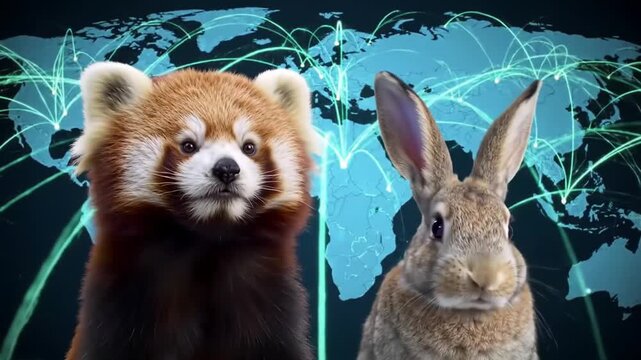 Red panda and rabbit with global digital network background
