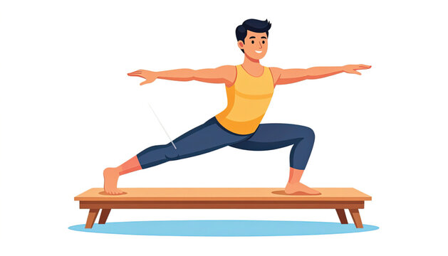 Man doing yoga on wooden bench.