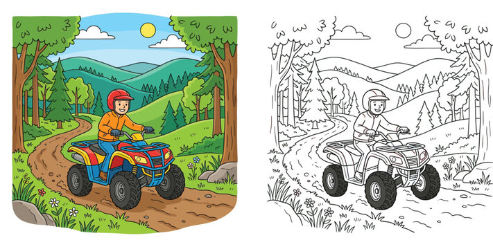 Coloring book page of a boy riding a quad bike ATV in the mountains. Split screen with colorful illustration and black and white line art vector template.