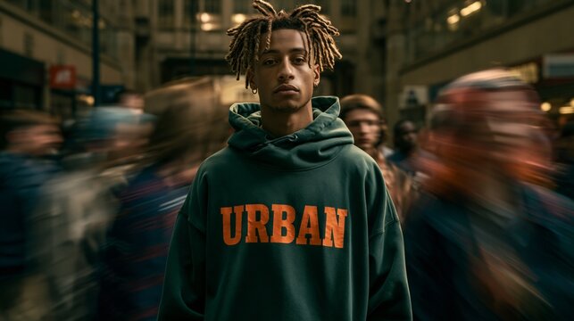 Young man wearing a hoodie and dreadlocks standing still amidst a motion blurred urban crowd