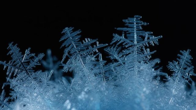 Macro of intricate blue ice crystals and snowflakes on black background