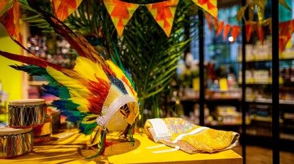 Fototapeta premium trinidad. Feather headpiece, sequin fabric, and mini steel drum with bunting, carnival retail display concept. event programs. 