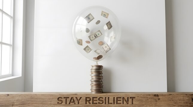 Conceptual visual representation of a transparent balloon containing US dollar bills and coins floating over a tall stack of metal coins on a wooden shelf with Stay Resilient text.