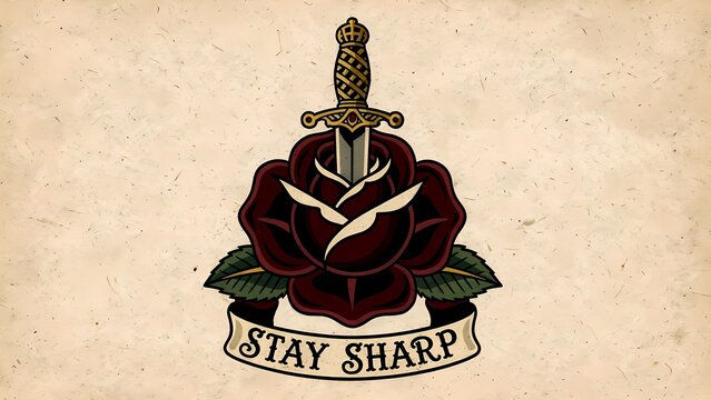 Traditional tattoo style rose dagger illustration with Stay
