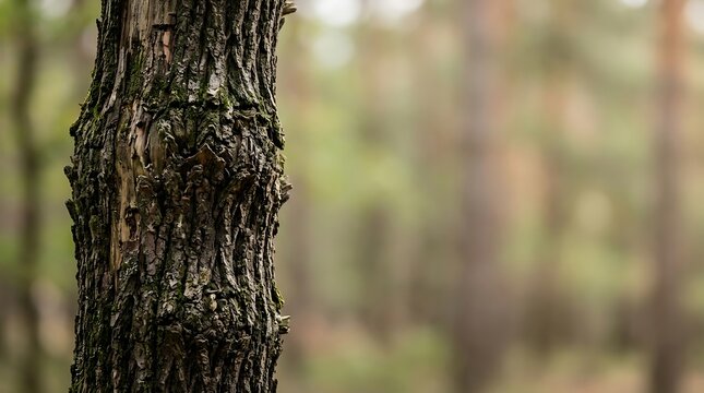 Close up of textured tree bark in a blurred forest