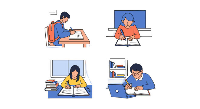 Students studying and writing in notebooks with books and laptops