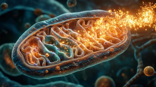 Mitochondria producing ATP energy particles video