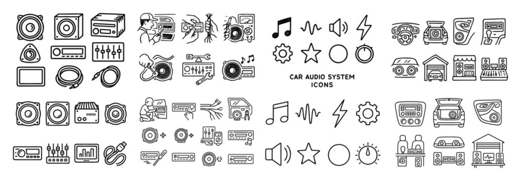 Car audio icons with speaker radio mixer outline style