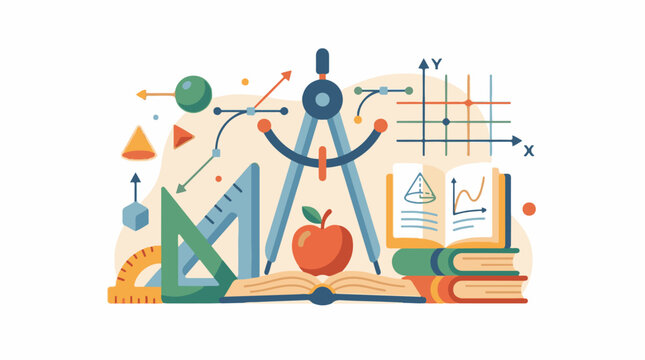Colorful illustration of school supplies and mathematical tools