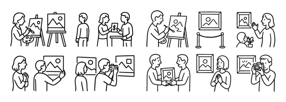 Art gallery icons with visitor painter camera outline