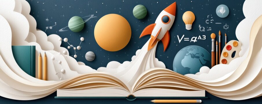 Open book launching imagination into space: education, creativity and science exploration in paper cut illustration