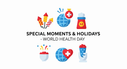 Fototapeta premium Celebratory icons fireworks globes with health symbols and a hand holding a cup