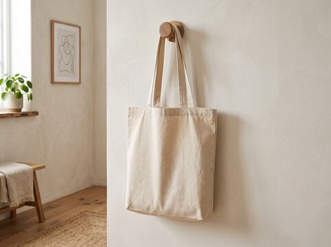 Blank canvas tote bag mockup hanging on a wooden peg on a minimalist wall in a bright modern room