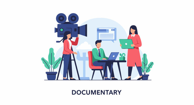 Filmmakers collaborate on documentary production using a camera laptop and tablet