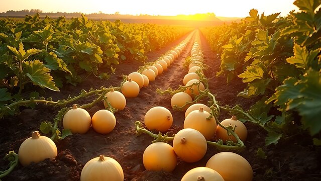 A sunlit field is filled with ripe melons on twisting vines.