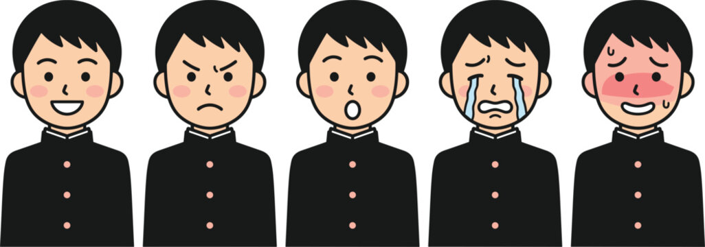 Japanese School Boy Character Set with Five Facial Expressions Happy Angry Surprised Crying and Blushing for Education, Emoji, and Children Design Projects