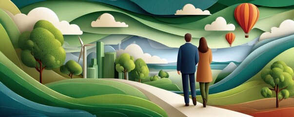 Obraz premium Couple walking toward a green sustainable landscape with city skyline and hot air balloons