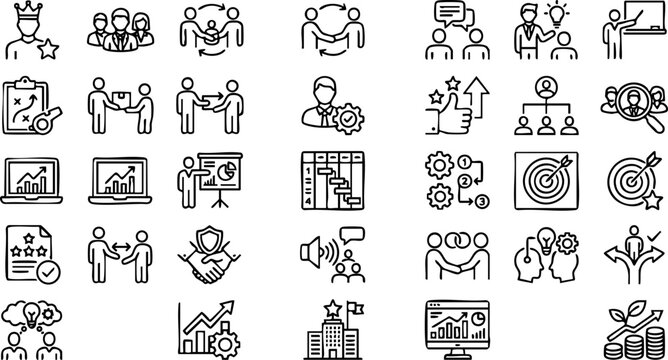 Business management and professional success planning thin line doodle style vector icons