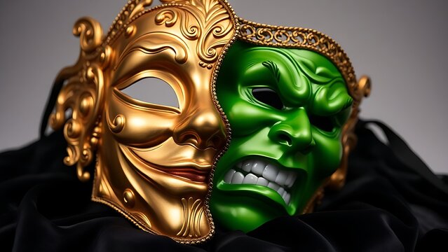 Ornate mask with gold smiling half and green sneering half on dark velvet.