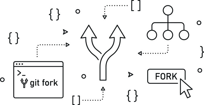 Git Fork Code Branching and Repository Development Concept Line Icon Vector Elements Set