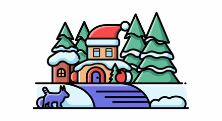 Fototapeta premium Winter scene with house and dog.