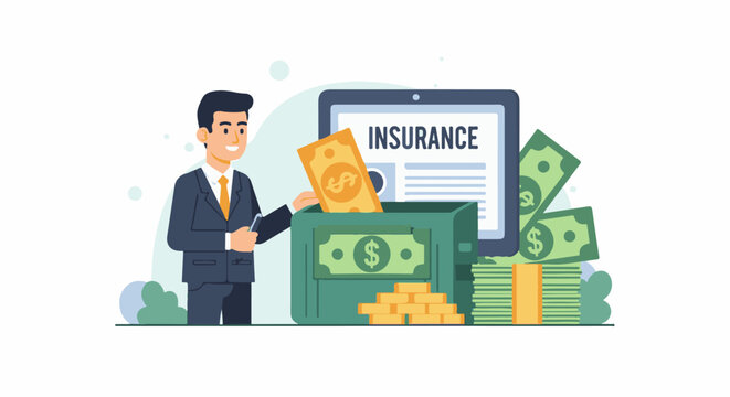 Business professional putting money into a green piggy bank with bills and coins scattered around a tablet displaying i