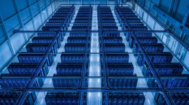 High angle view of a modern data center server room with rows of computer racks.
