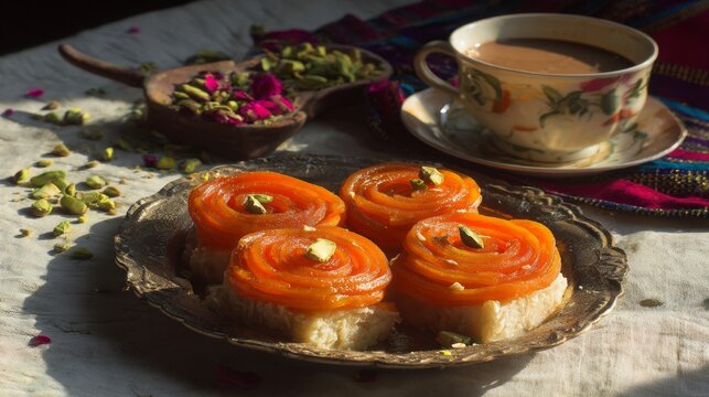 jalebi. Golden jalebi and white barfi on festive plate, edible confetti, chai cup, Pakistani sweets celebration concept for Independence Day. event programs.
