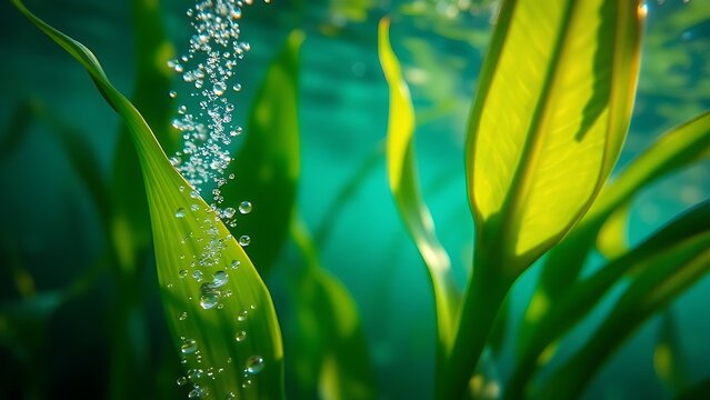 Close-up underwater view of an aquatic plant releasing silvery oxygen bubbles.