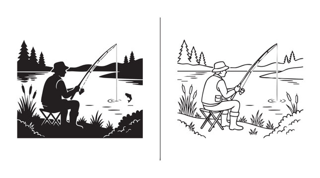 fisherman silhouette with fishing rod and lake trees in vect