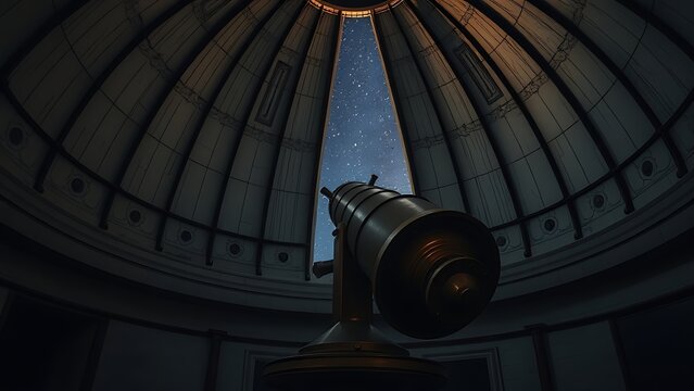 Inside an ancient observatory dome, a bronze astronomical instrument aimed at a starry night sky.
