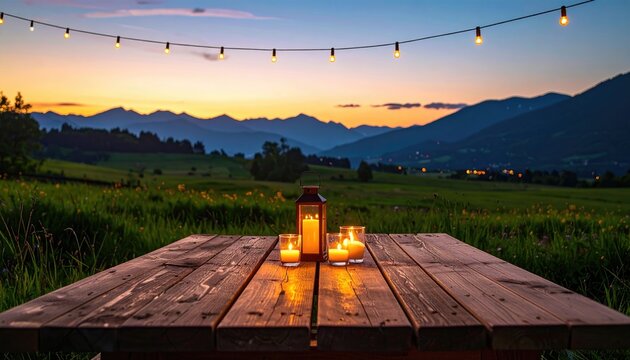 Rustic wooden table with lit candles, set for an evening meal with mountain views
