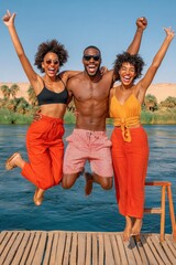 Fototapeta premium Three friends jumping with joy on a dock by a sunny river during a lively summer outing