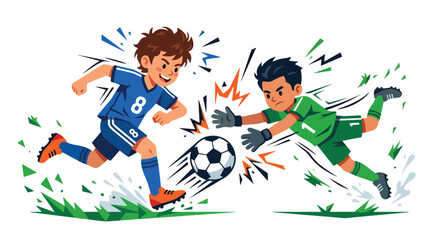 Flat style vector illustration of a striker shooting while a goalkeeper makes a dramatic save in front of the goal. Perfect for football promotions, sports marketing © Amie