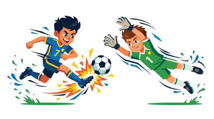 Flat style vector illustration of a striker shooting while a goalkeeper makes a dramatic save in front of the goal. Perfect for football promotions, sports marketing © Amie