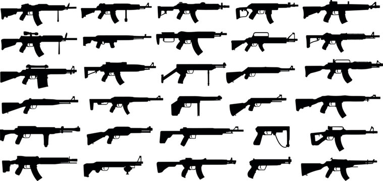 Military assault rifles and shotguns black silhouettes collection set isolated on white background vector illustration