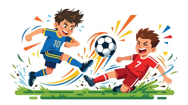 Flat style vector illustration of two soccer players battling for possession with powerful movement and colorful action effects. Perfect for sports advertising, football tournaments, coaching