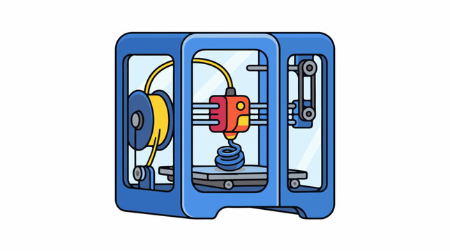 A cartoon 3D printer with blue frame and red extruder