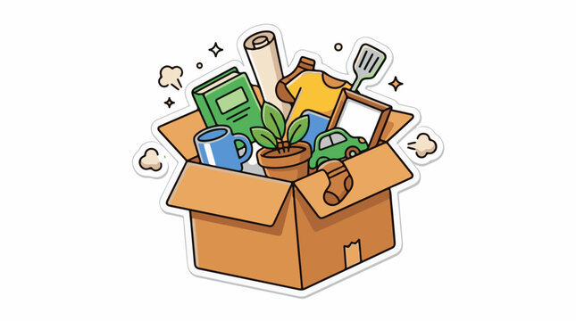 A cartoon illustration of a brown cardboard box filled with household items