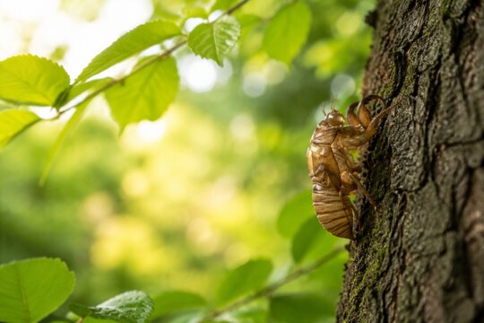 Empty cicada shell on tree bark with green leaves, symbolic transformation in soft morning light.