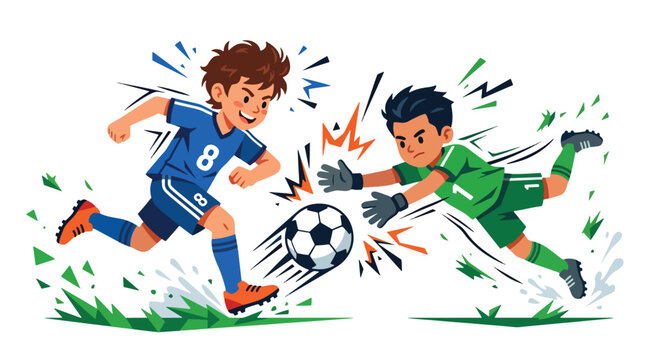 Flat style vector illustration of a striker shooting while a goalkeeper makes a dramatic save in front of the goal. Perfect for football promotions, sports marketing