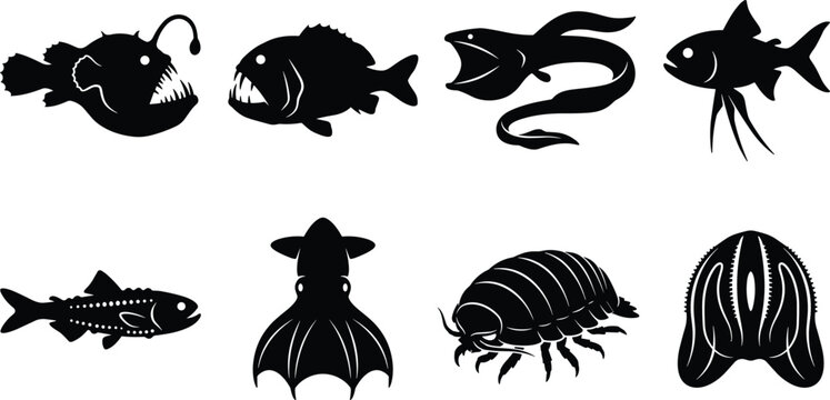 Aquatic Animal Silhouette Collection with Deep Sea Fish and Marine Life Vector Set
