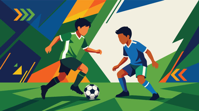 Flat style vector illustration of two football players competing for possession with colorful geometric shapes behind them. Perfect for sports posters, football events, social media, and tournament