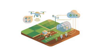 Naklejka premium Isometric agricultural landscape with drone tractor and greenhouse