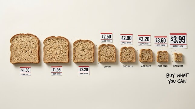Top view of whole wheat bread slices shrinking in size while price tags increase from 2021 to 2024, visual representation of shrinkflation and economic inflation on white background.
