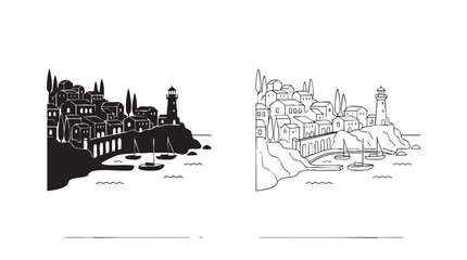 Fototapeta premium lighthouse overlooking coastal town with boats