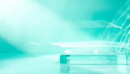 Fototapeta na wymiar Clear glass podium with water ripple and reflection on mint background ミントグリーンの水面にきらめく波紋と透明なガラス台の背景イラスト