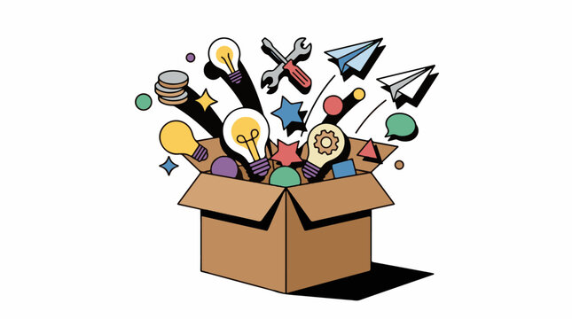 A cardboard box overflowing with creative symbols and tools