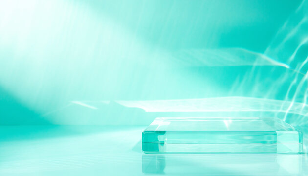 Clear glass podium with water ripple and reflection on mint background ミントグリーンの水面にきらめく波紋と透明なガラス台の背景イラスト