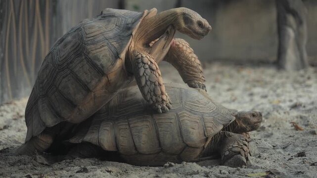Two tortoises showing natural breeding behavior on sandy ground in a wildlife park or zoo environment. Close-up view of large land tortoises with detailed shells and natural animal behavior, suitable 